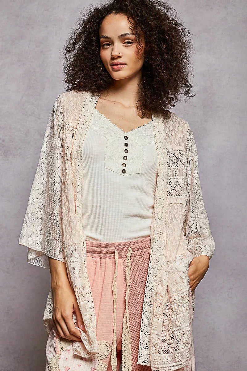 POL Lace Floral Open Front Cardigan with Trim Detail