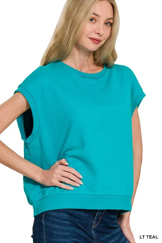 Zenana Light Teal French Terry Round Neck Cap Sleeve T-Shirt