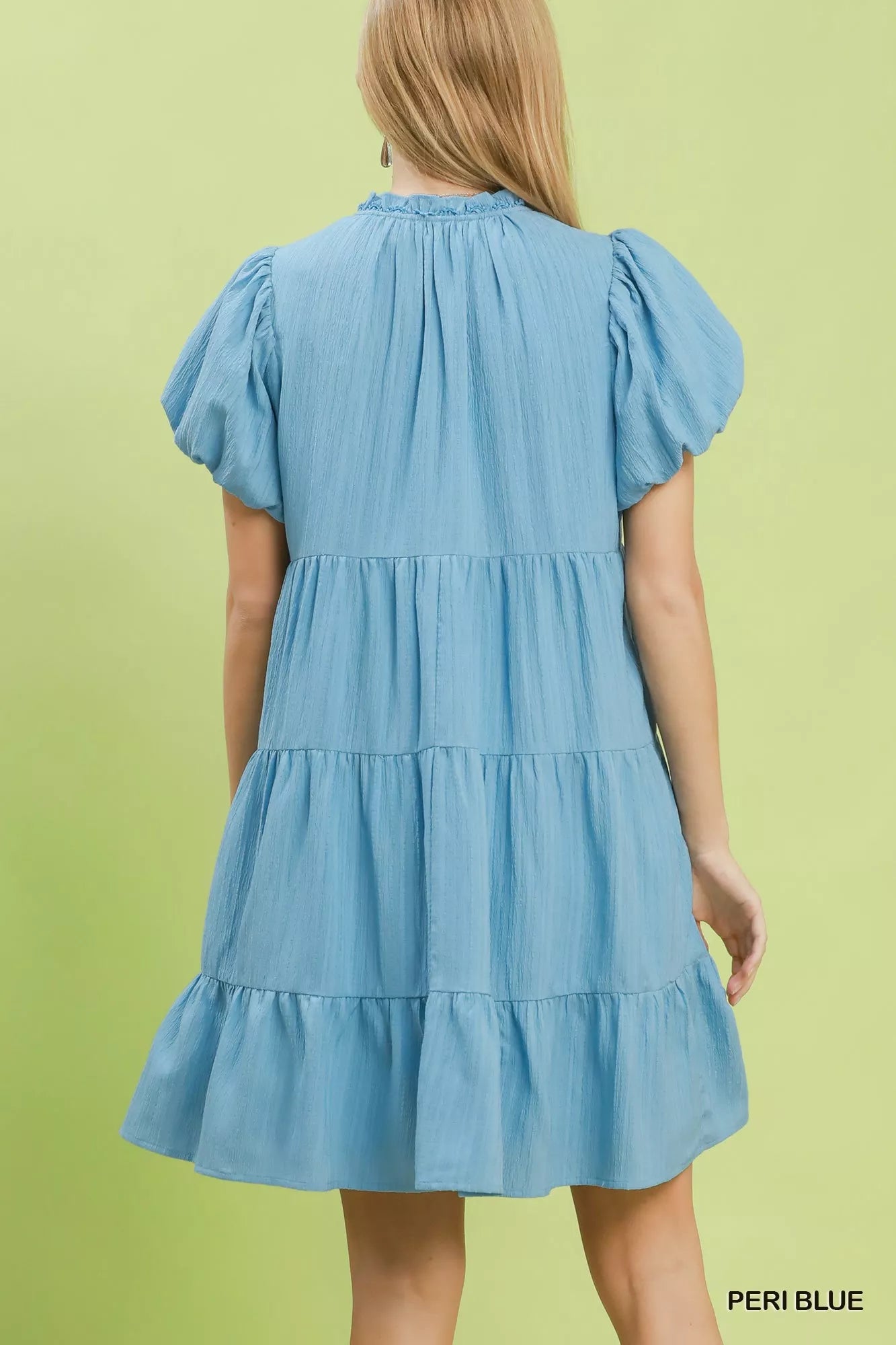 Umgee Peri Blue Puff Sleeve Tiered Babydoll Dress