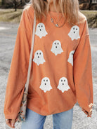 Preorder: Tangerine Halloween Ghost Sequin Patched Twisted Ribbed Textured Sweatshirt