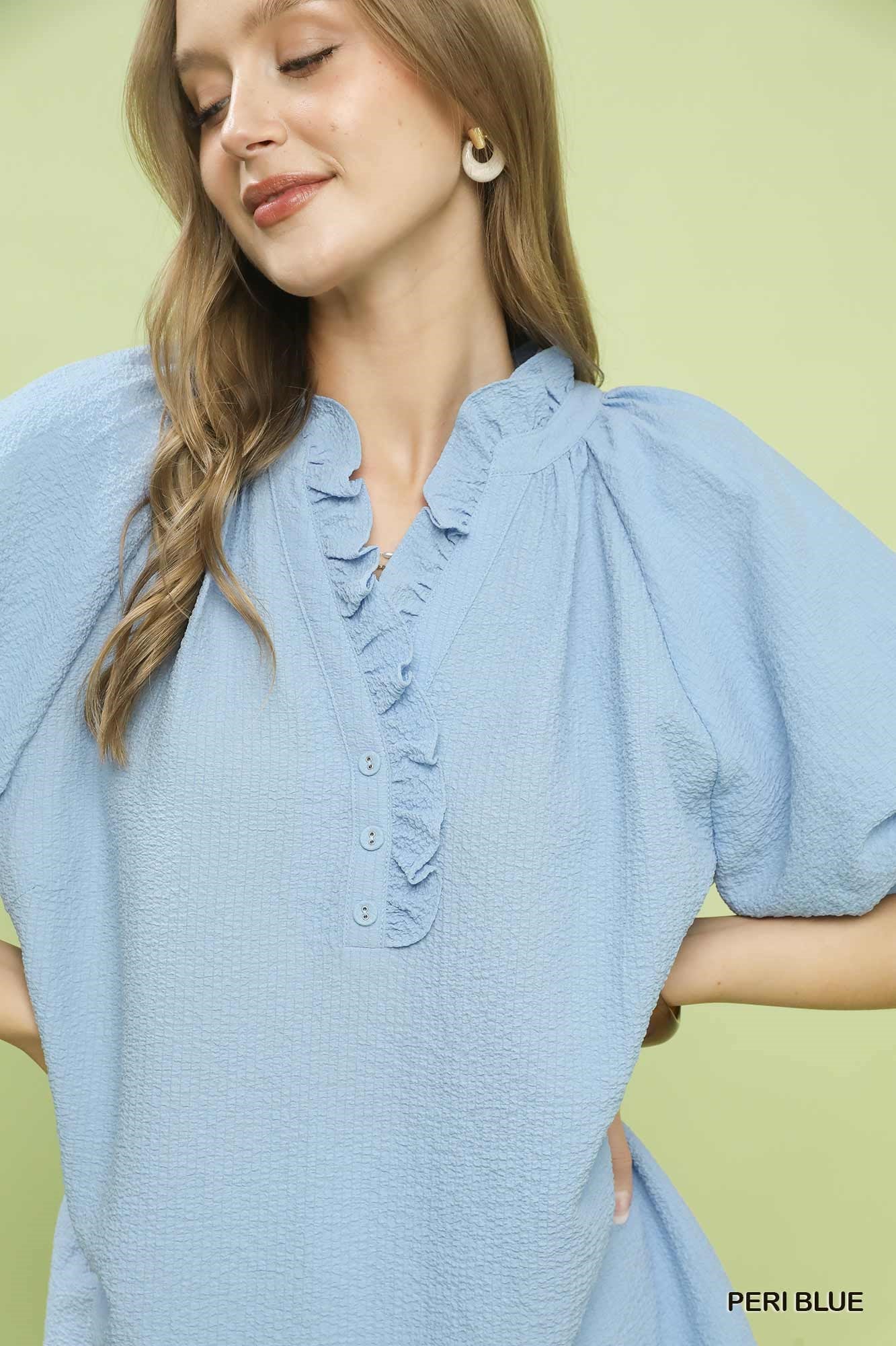 Umgee Peri Blue Puff Sleeve Ruffle Neck Tunic Blouse