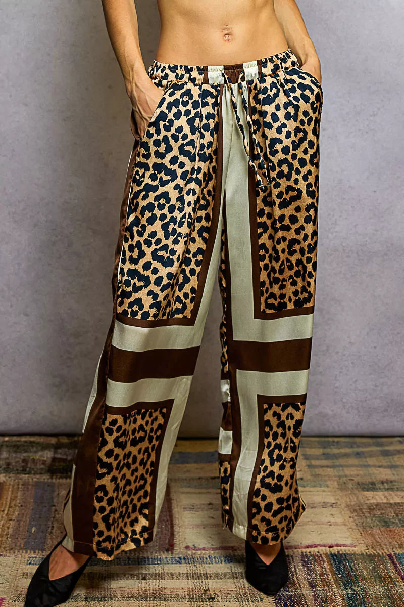 POL Leopard Printed Woven Wide Leg Drawstring Pants SAND INDIGO LEOPA
