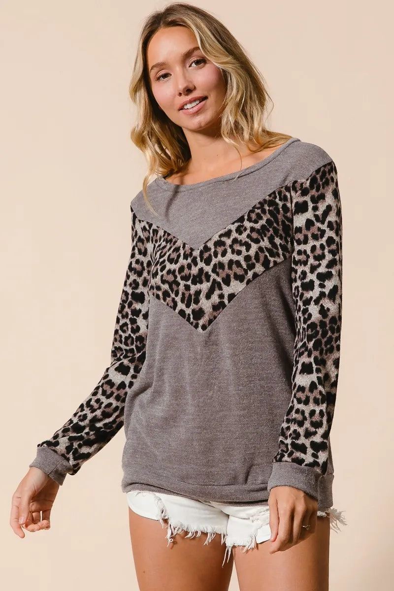 BiBi Mocha Sweater Knit Top With Leopard V Shape Block