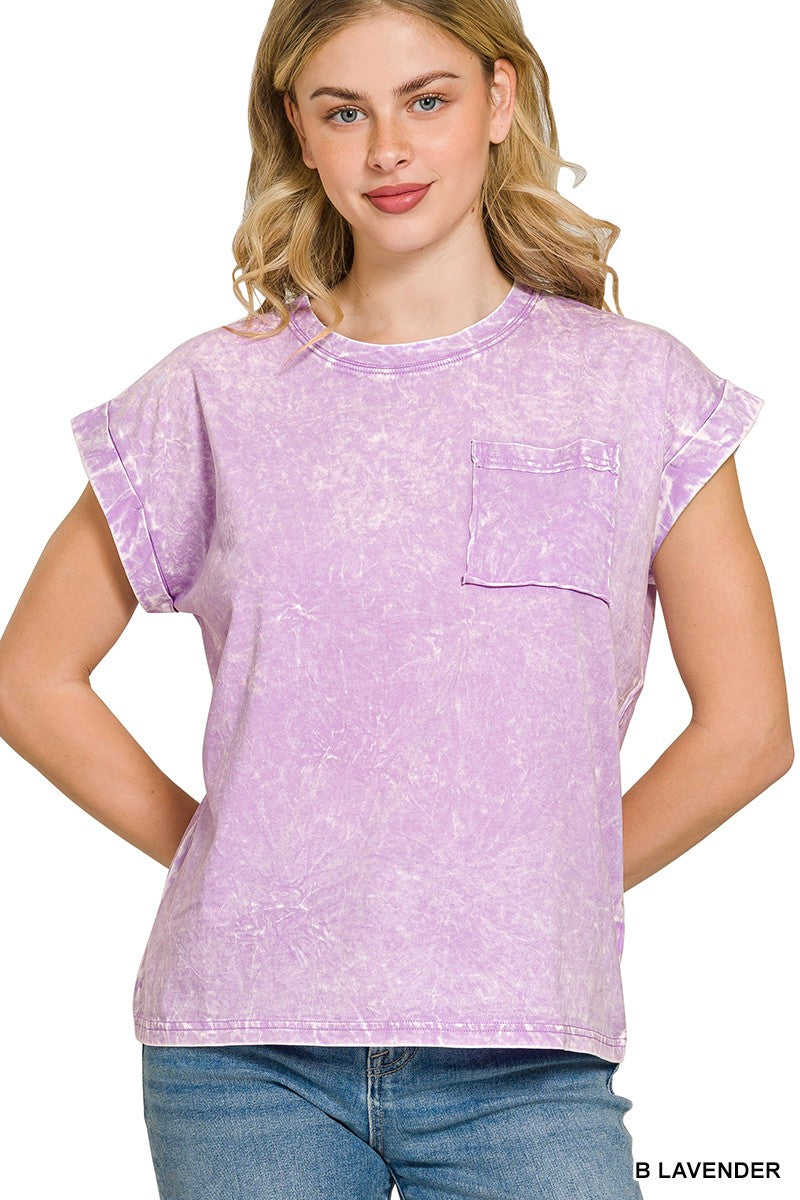 Zenana Bright Lavender Crinkle Washed Round Neck Folded Short Sleeve Tee B LAVENDER