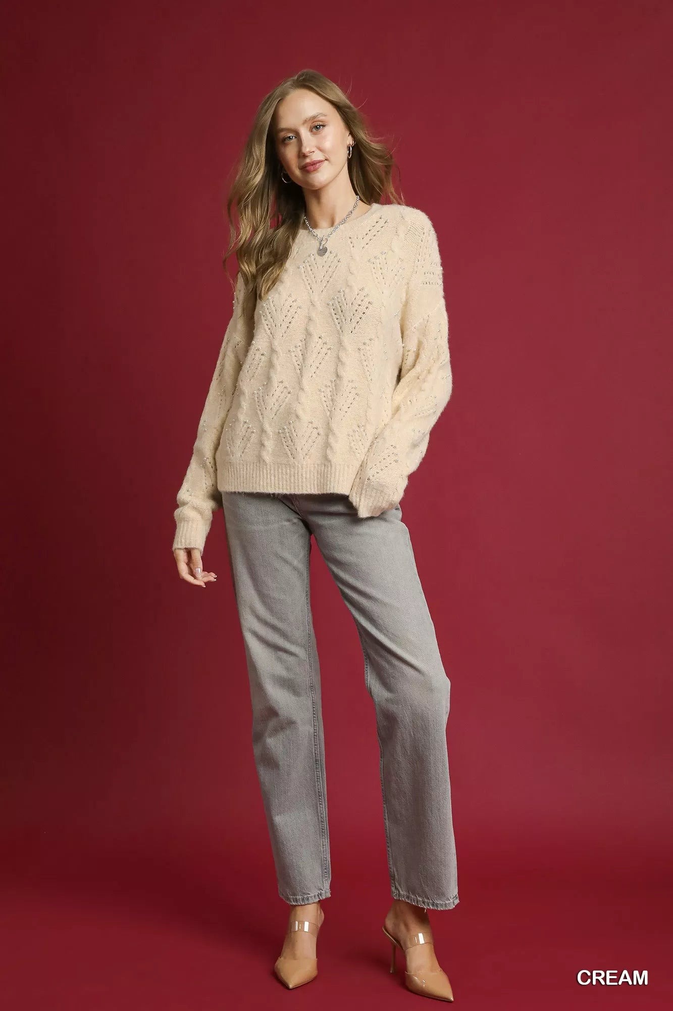 Umgee Cream Pearl-Embellished Long Sleeve Sweater