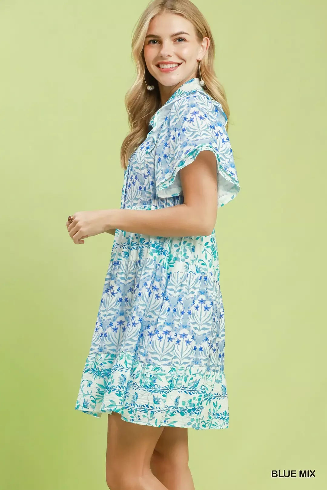 Umgee Blue Mixed Floral Tiered Mini Dress with Flutter Sleeves