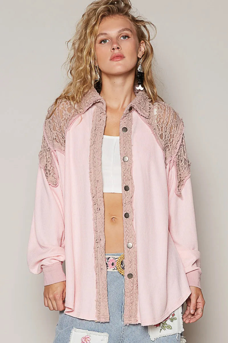 POL Pink Lace Patchwork Button Up Shacket Blush Pink