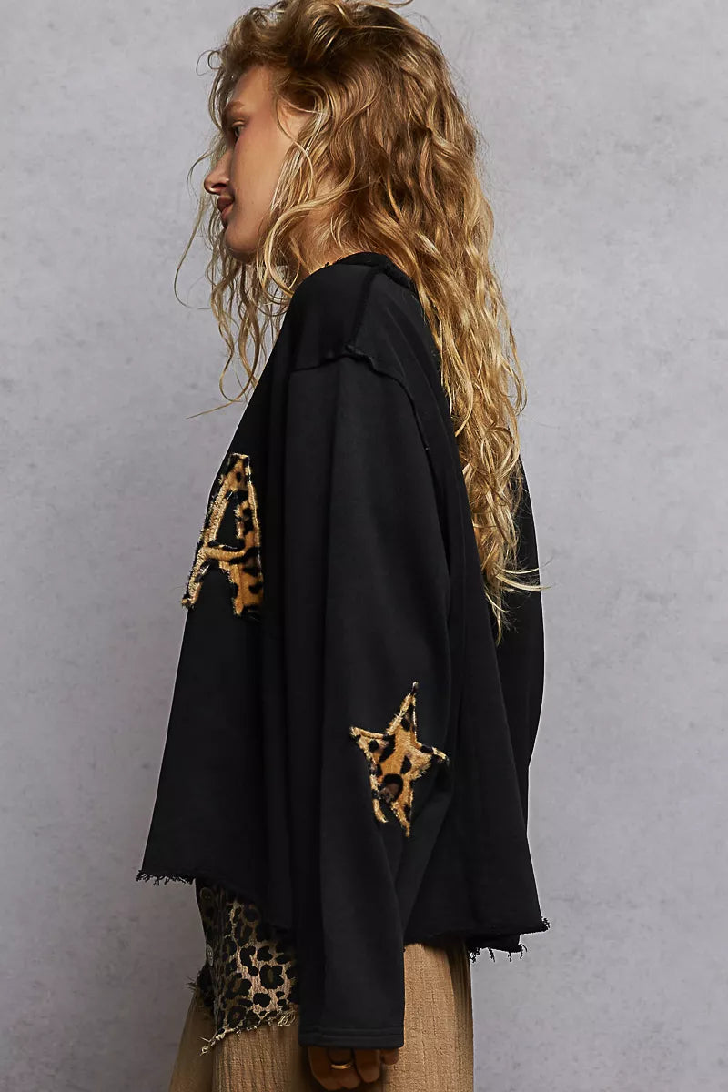 POL Black Round Neck Long Sleeve French Terry Sweatshirt with USA Letter Animal Patch