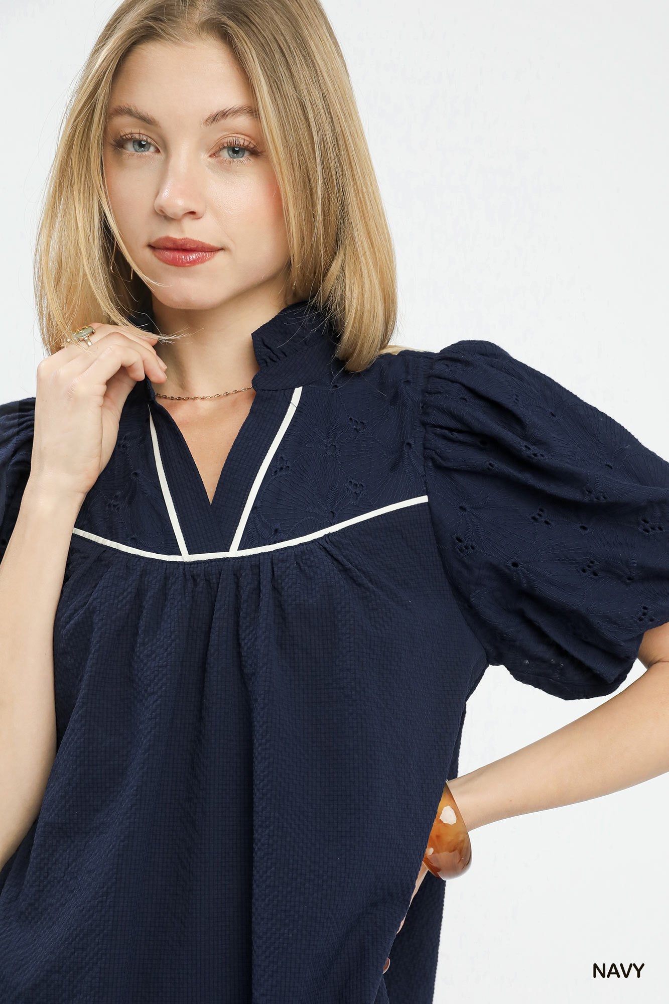 Umgee Navy Puff Sleeve Textured Babydoll Dress