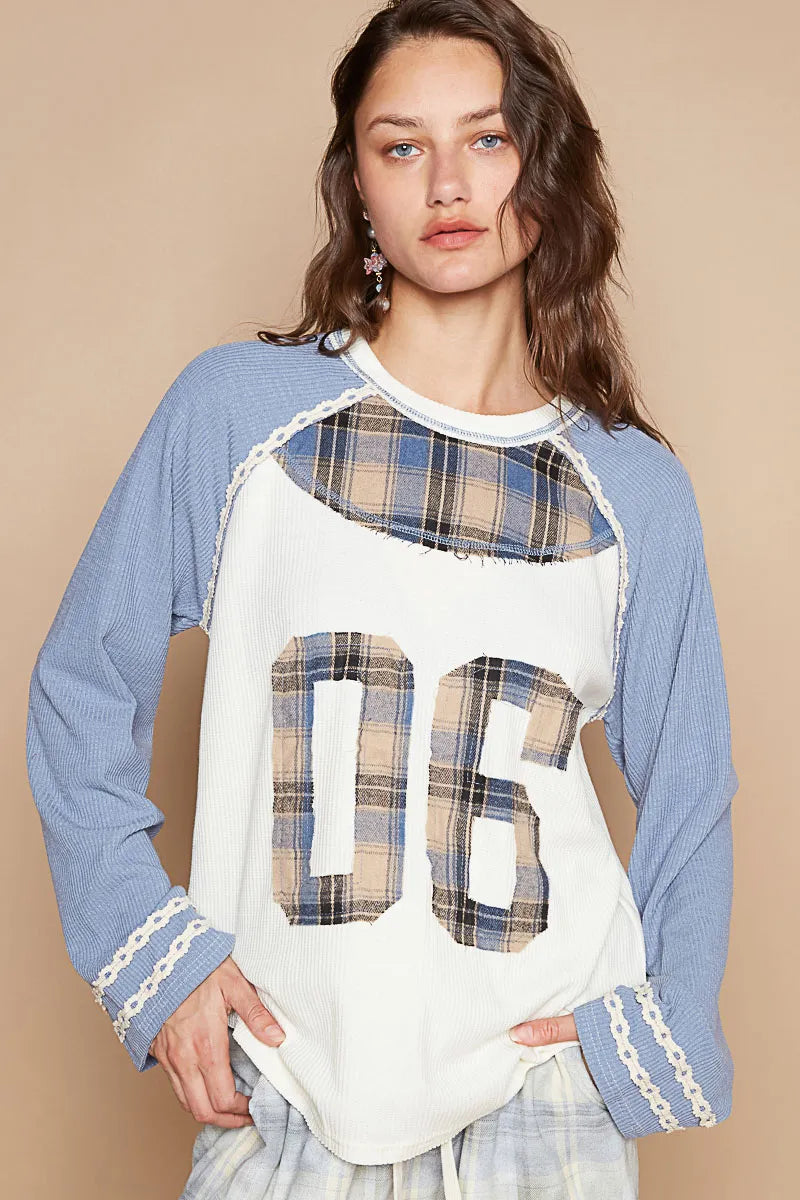 POL Light Blue Plaid Number 06 Raglan Sleeve T-Shirt Light Blue