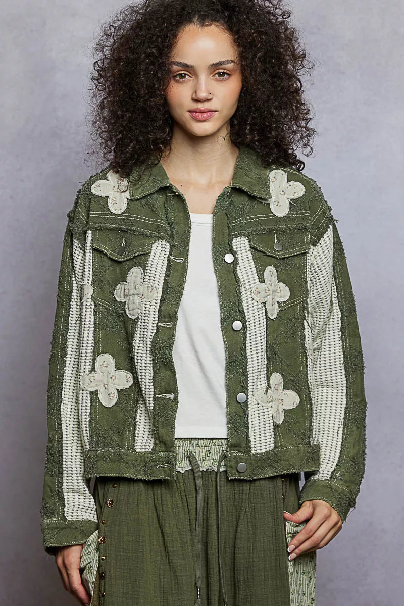 POL Olive Multi Button Down Raw Hem Jacket with Floral Patches OLIVE MULTI