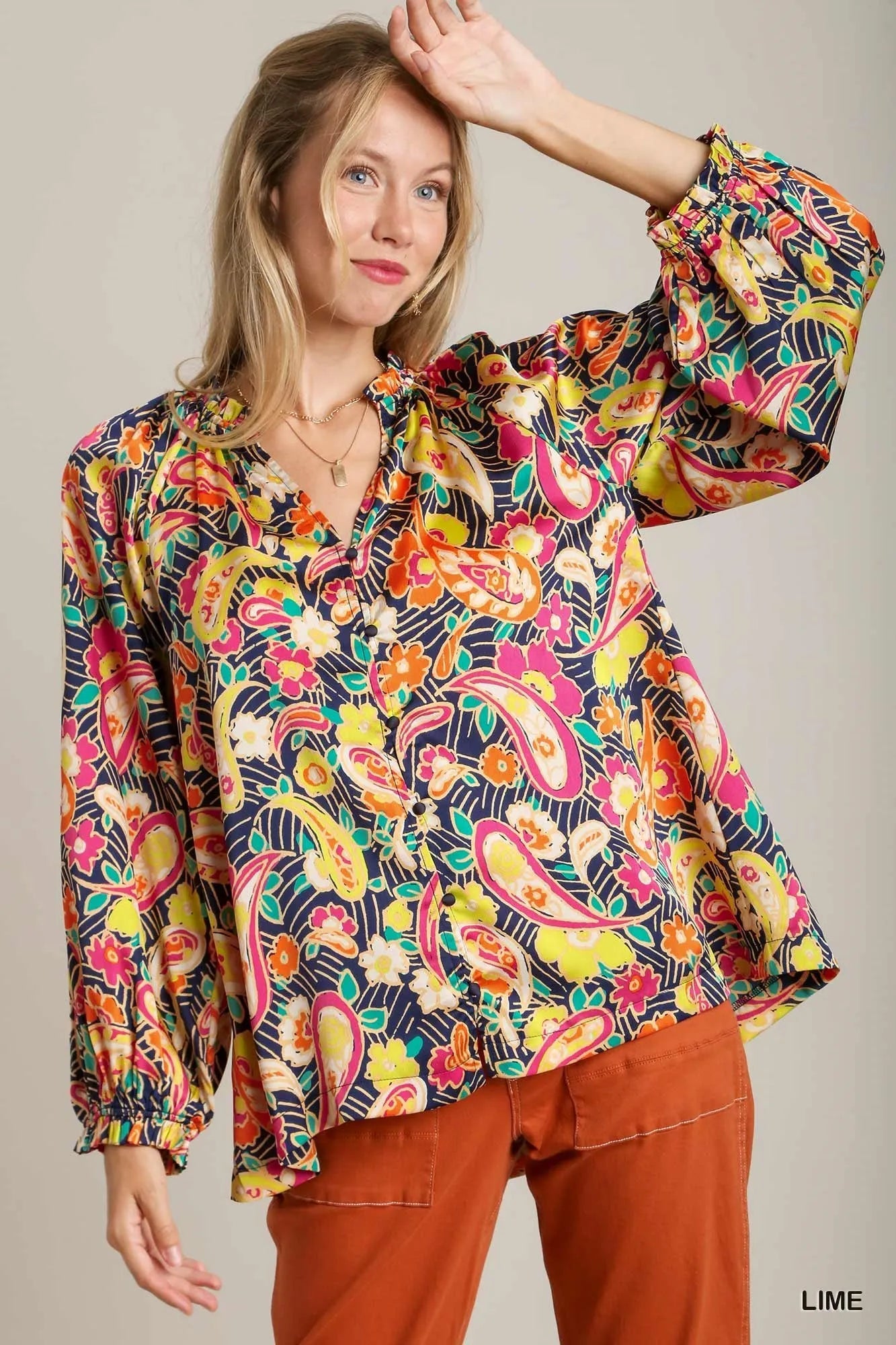 Umgee Lime Satin Paisley Floral Ruffle Neck Button-Up Shirt Lime