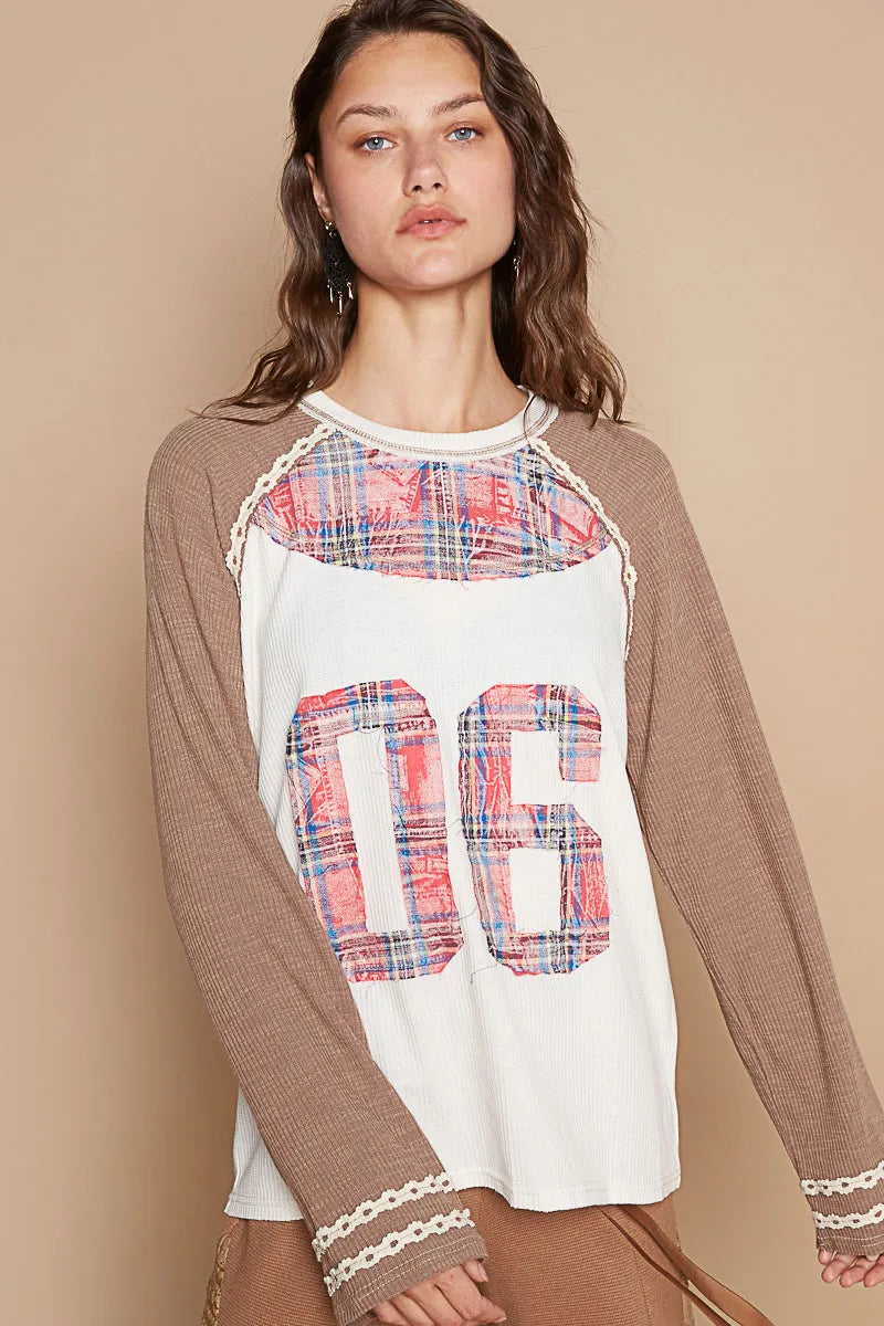 POL Mocha Plaid Number 06 Raglan Sleeve T-Shirt