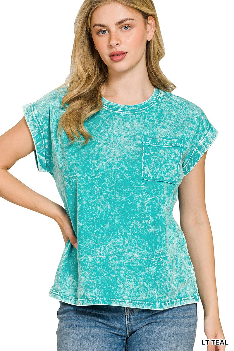 Zenana Light Teal Crinkle Washed Round Neck Folded Short Sleeve Tee LT TEAL