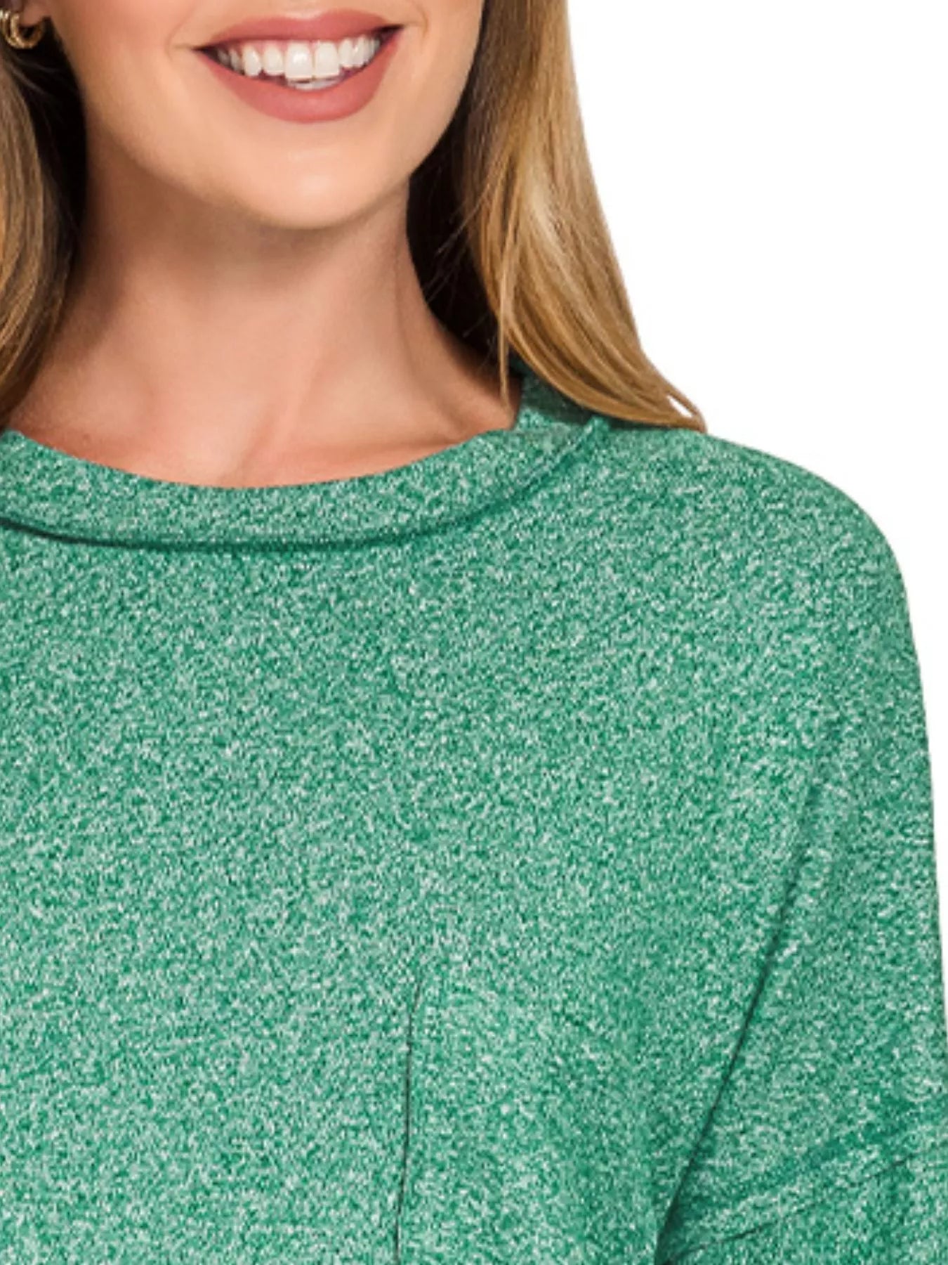 Zenana Dark Green Soft Melange Hacci Round-Neck Long Sleeve T-Shirt