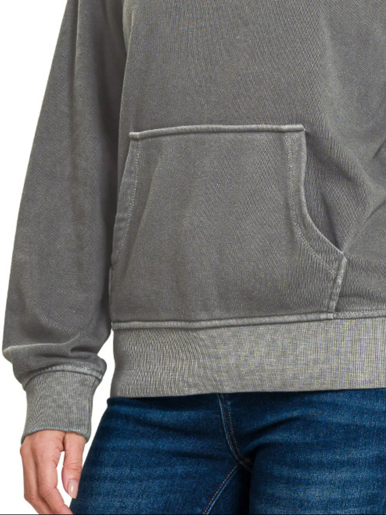 Zenana Ash Black Fleece Pigment Dye Kangaroo Pocket Hoodie