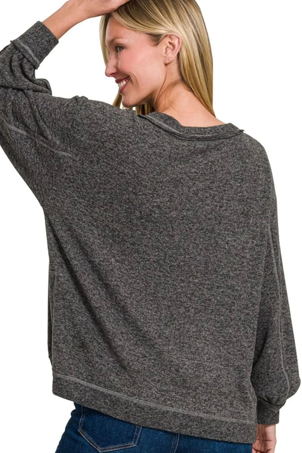 Zenana Black Brushed Hacci Hi-low Round Neck Knit Top