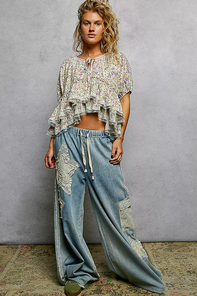 POL Floral Short Balloon Sleeve Ruffled Blouse