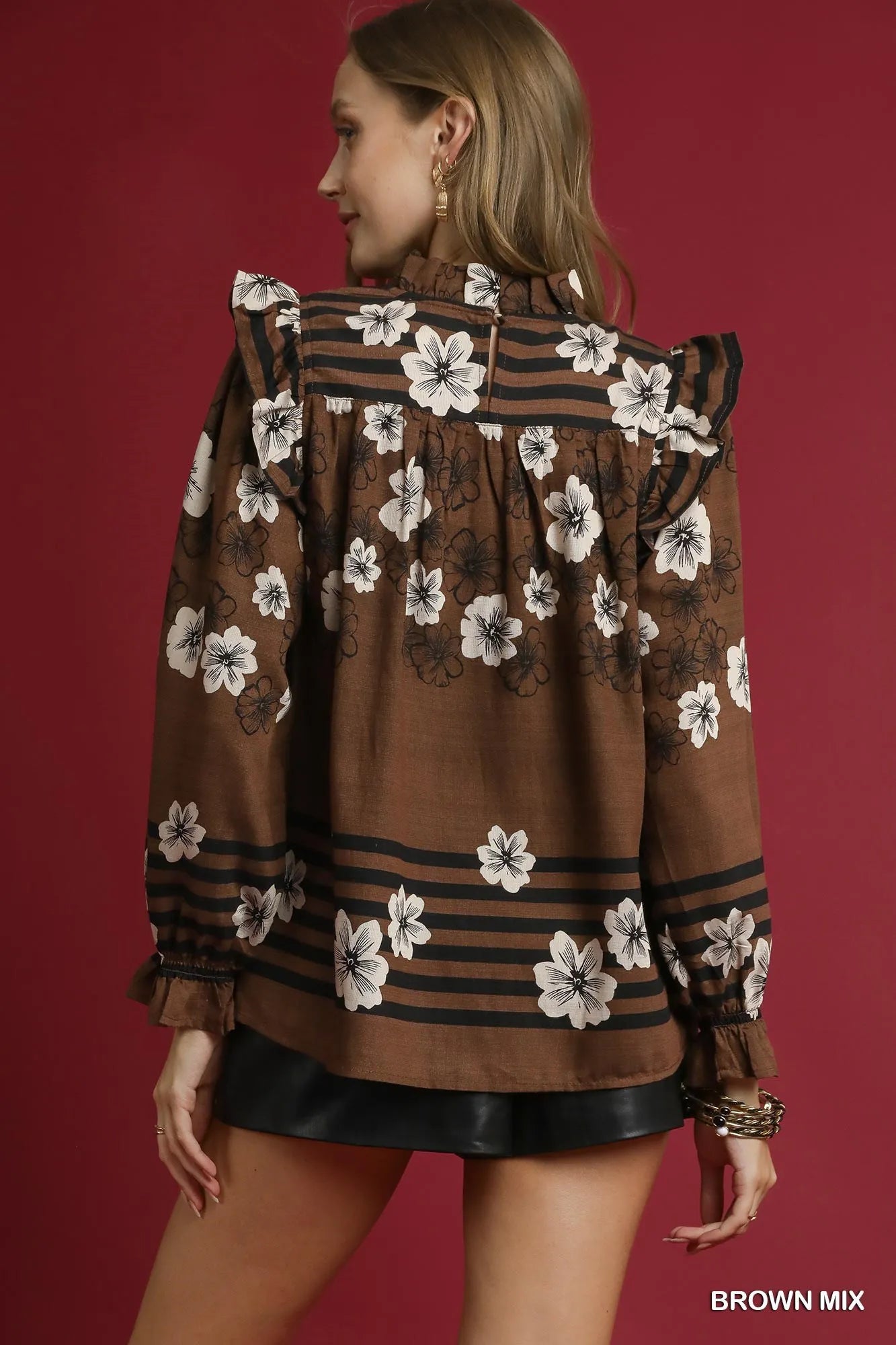 Umgee Brown Mix Floral Smocked Ruffle Blouse
