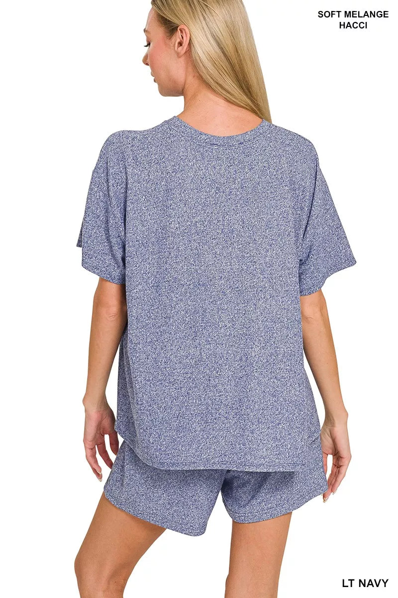 Zenana Light Navy Soft Melange Short Sleeve Tee and Shorts Set