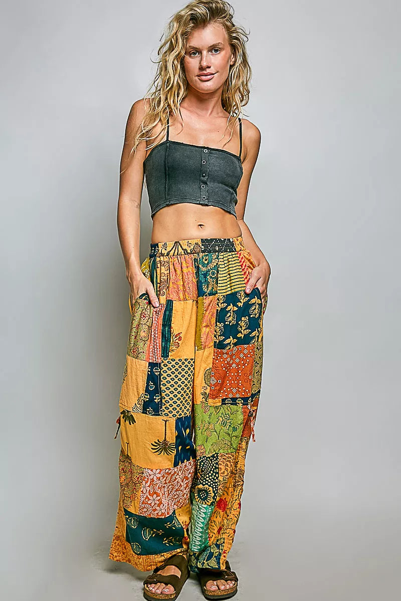 POL Honey Multi Printed Patchwork Wide Leg Pants with Adjustable Side Drawstring
