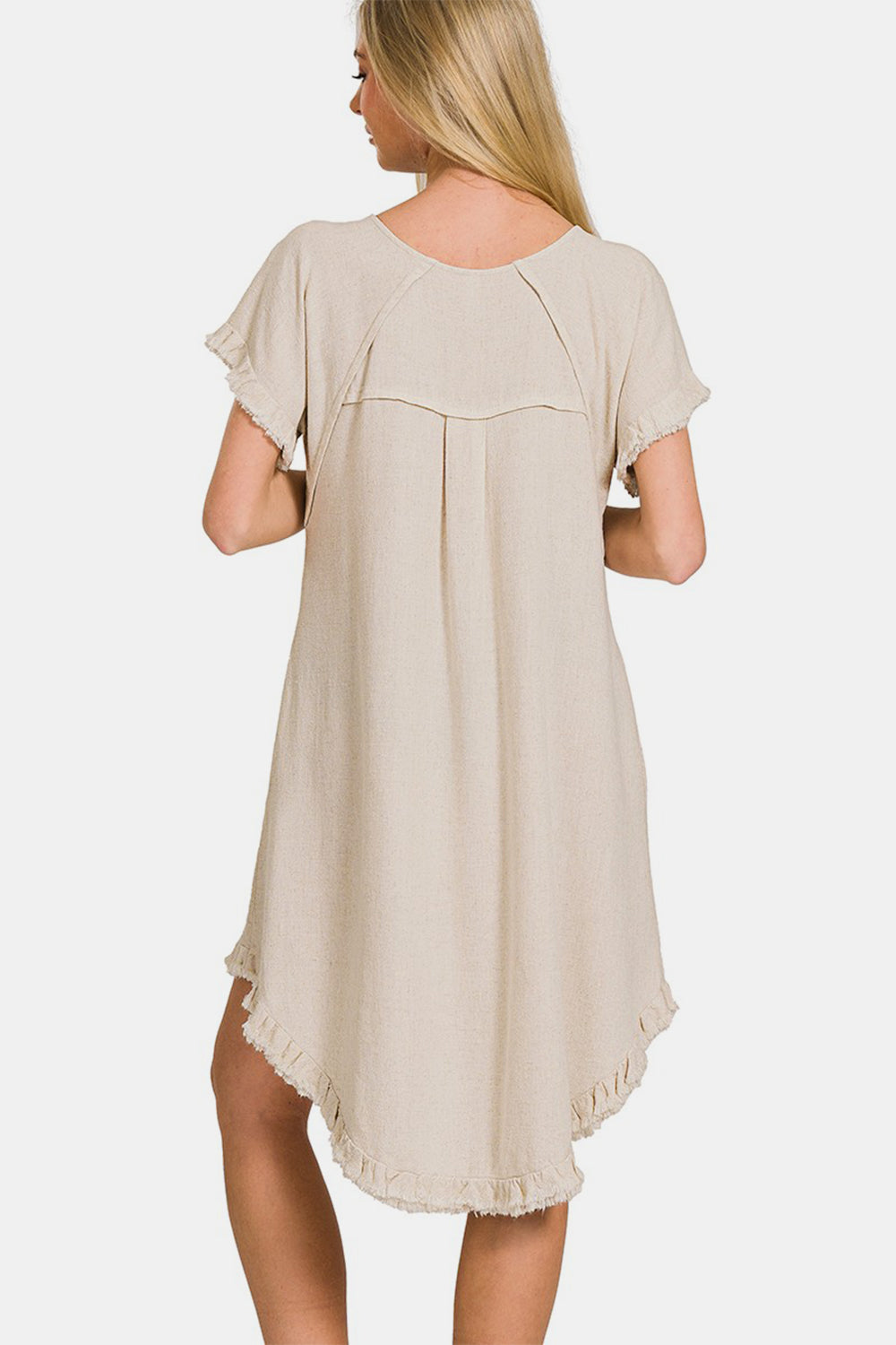 Zenana Beige Fringe Edge High Low Flowy Dress with Pockets Dresses