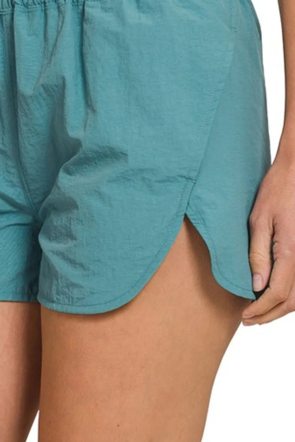 Zenana Dusty Teal Windbreaker Smocked Waistband Running Shorts