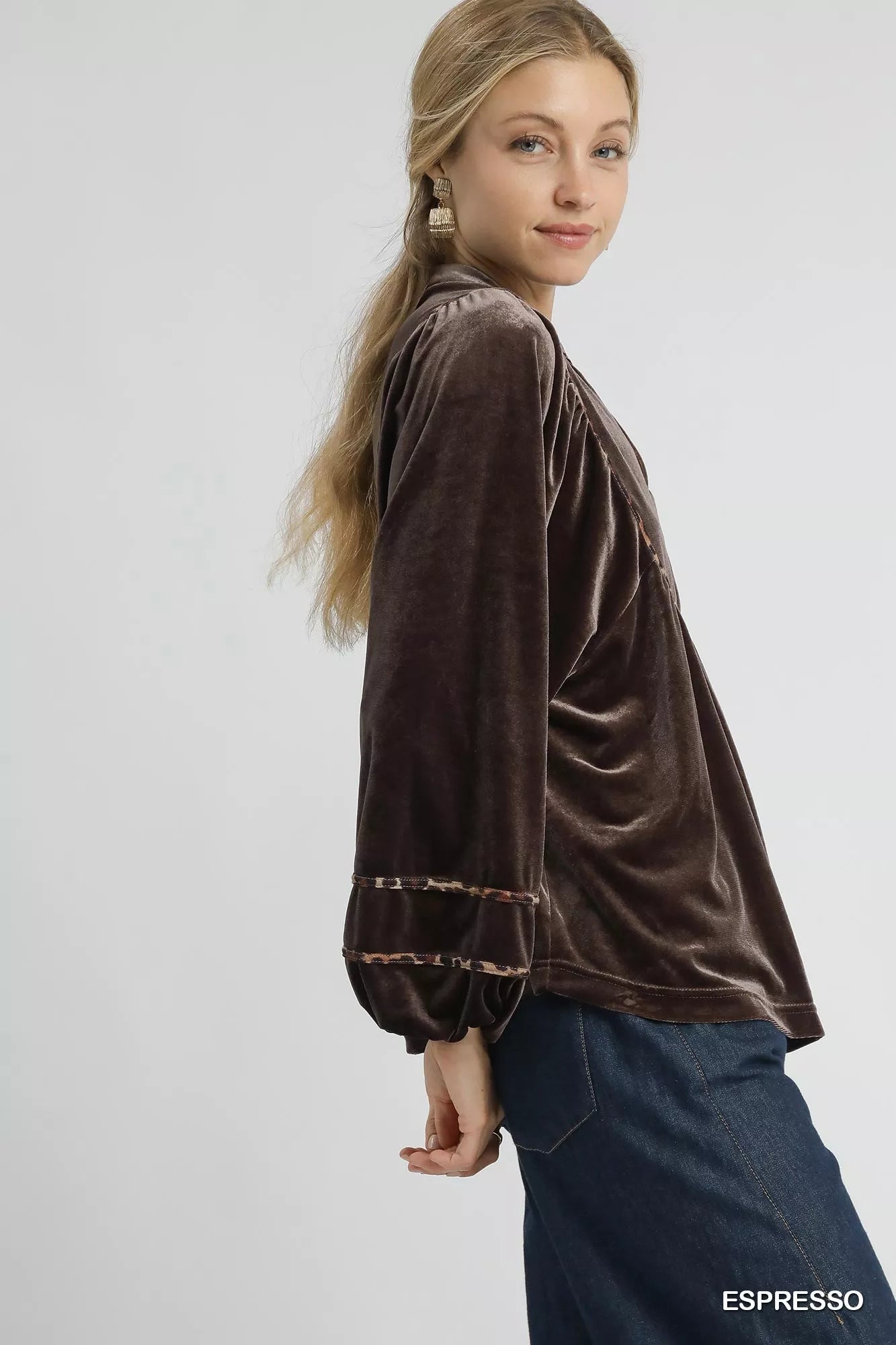 Umgee Espresso Velvet Long Sleeve Blouse with Leopard Contrast Trim