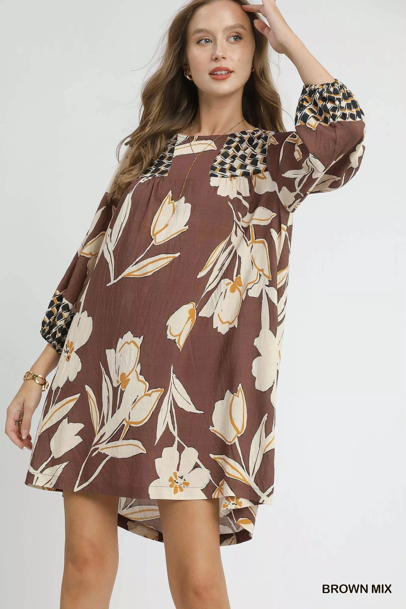 Umgee Brown Mix Floral High-Low Babydoll Dress BROWN MIX