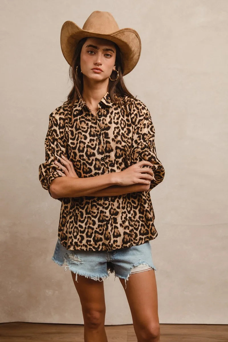 BiBi Leopard Print Button Up Oversized Short Sleeve Top
