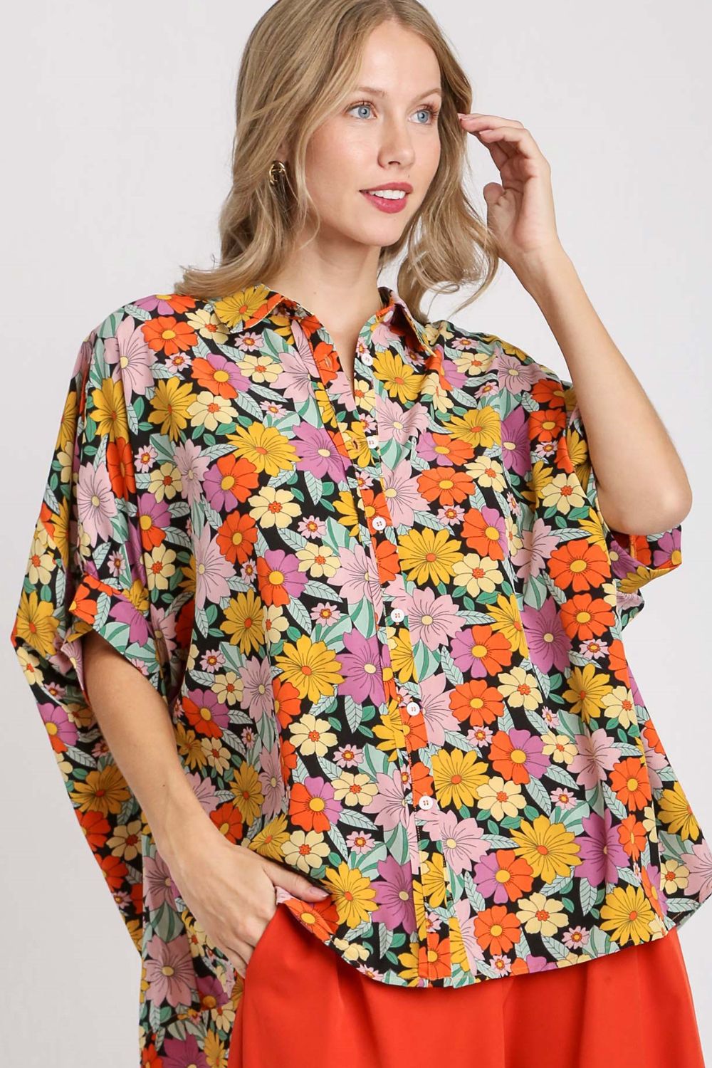 Umgee Flower Print Boxy Cut Button Down Shirt BLACK MIX