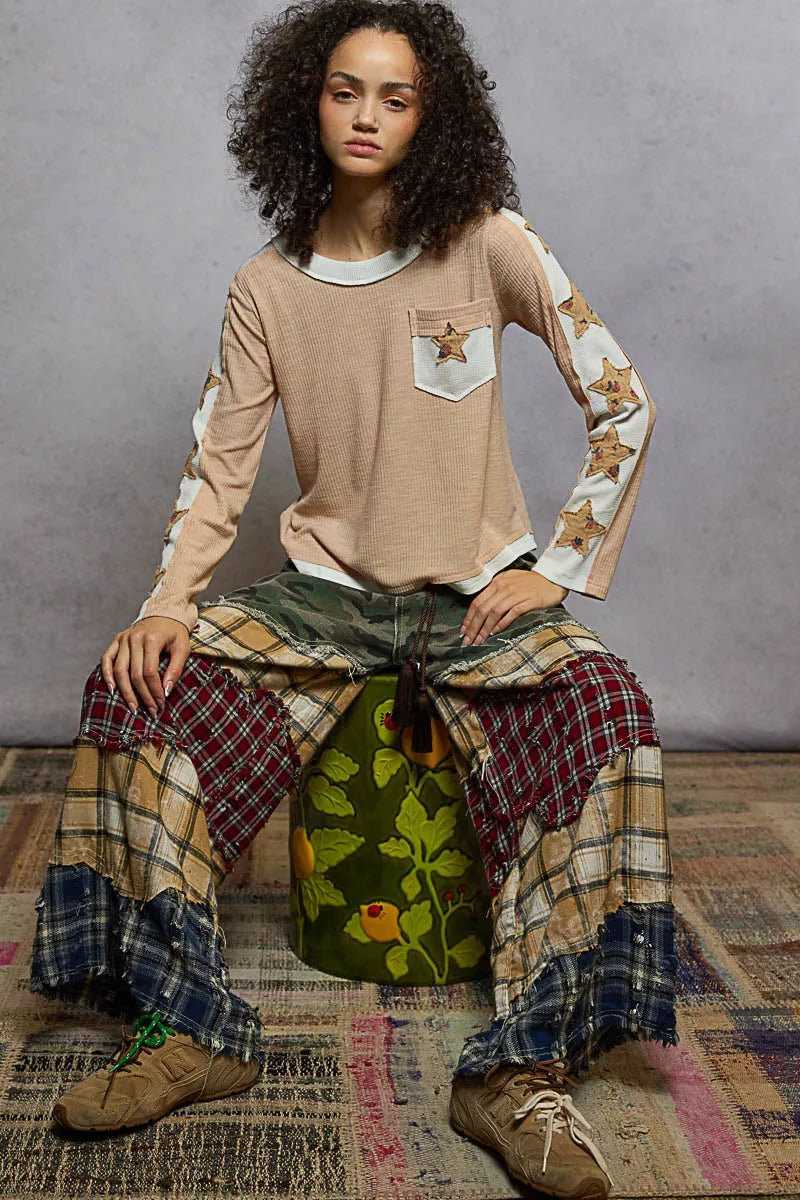 POL Nude Beige Round Neck Long Sleever T-Shirt with Star Patches