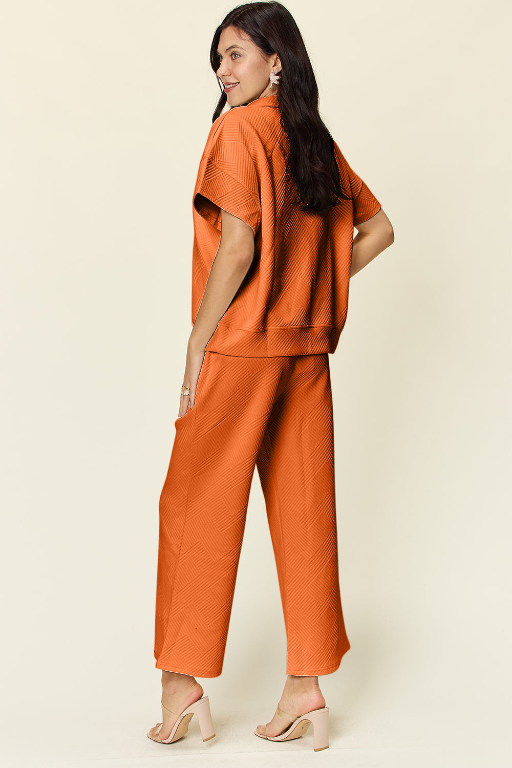 Double Take Quilted Textured Half Zip Short Sleeve Top and Pants Set Sets