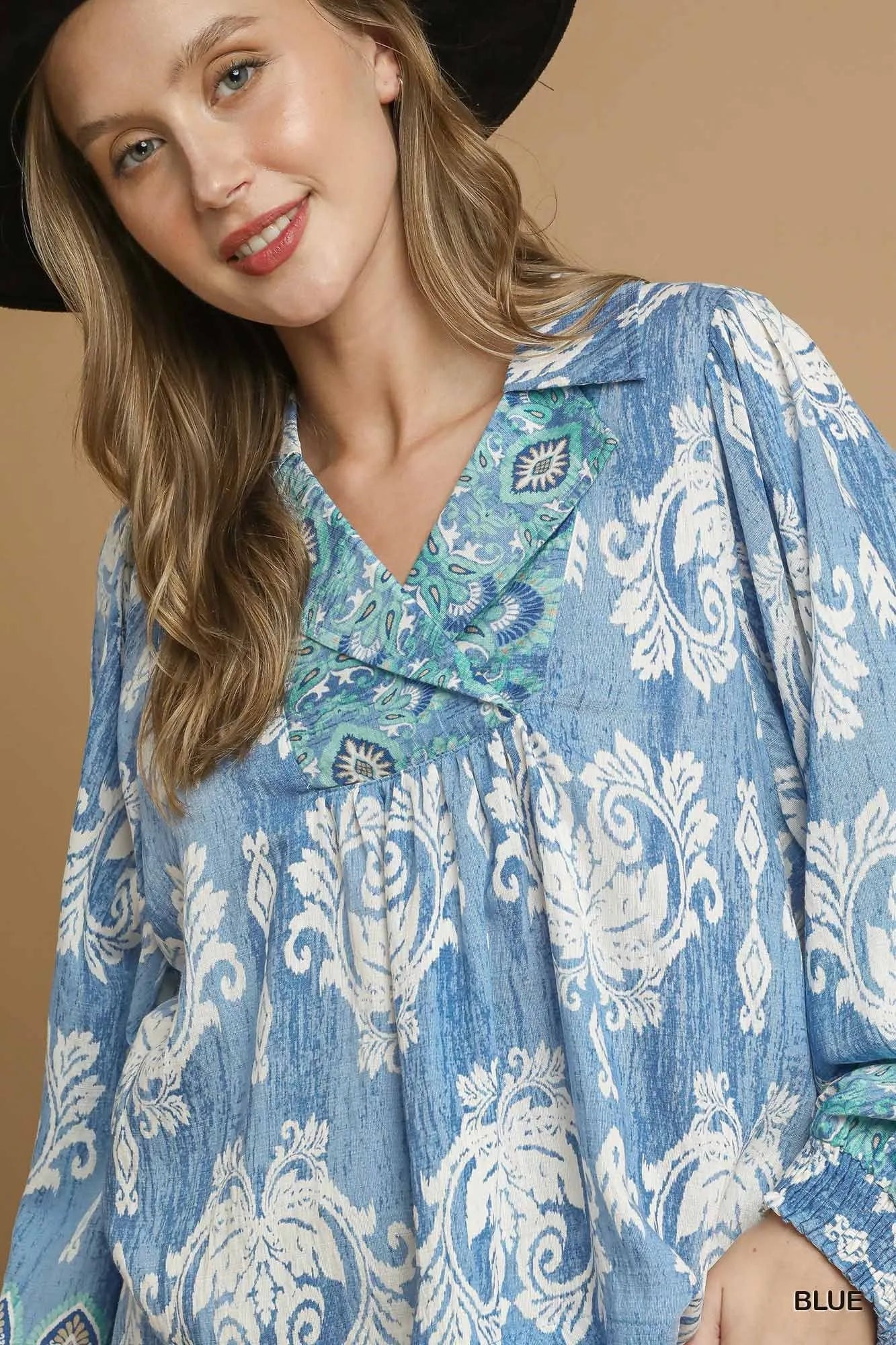 Umgee Floral Boho Blouse with Scalloped Hem