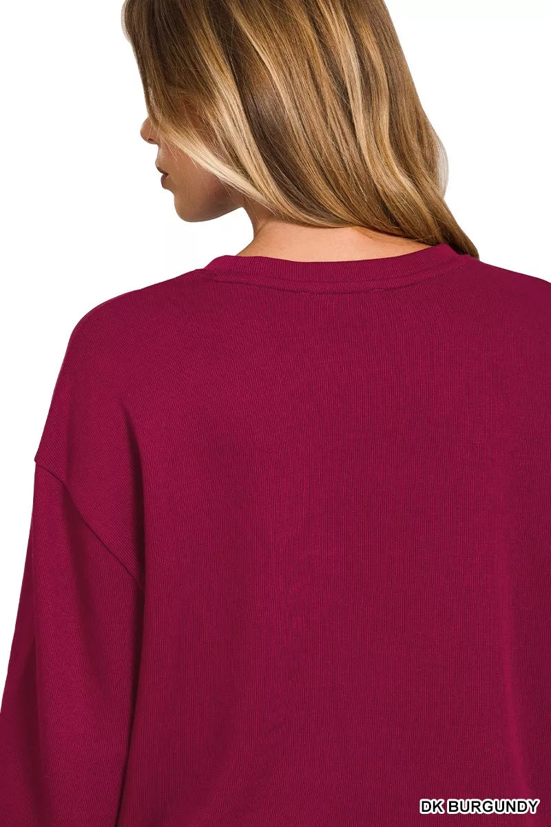 Zenana Dark Burgindy French Rib Pullover and Pants Set