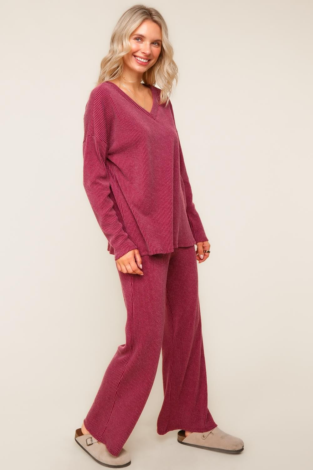 Haptics Solid Wave Rib Knit Lounge Set in Wine