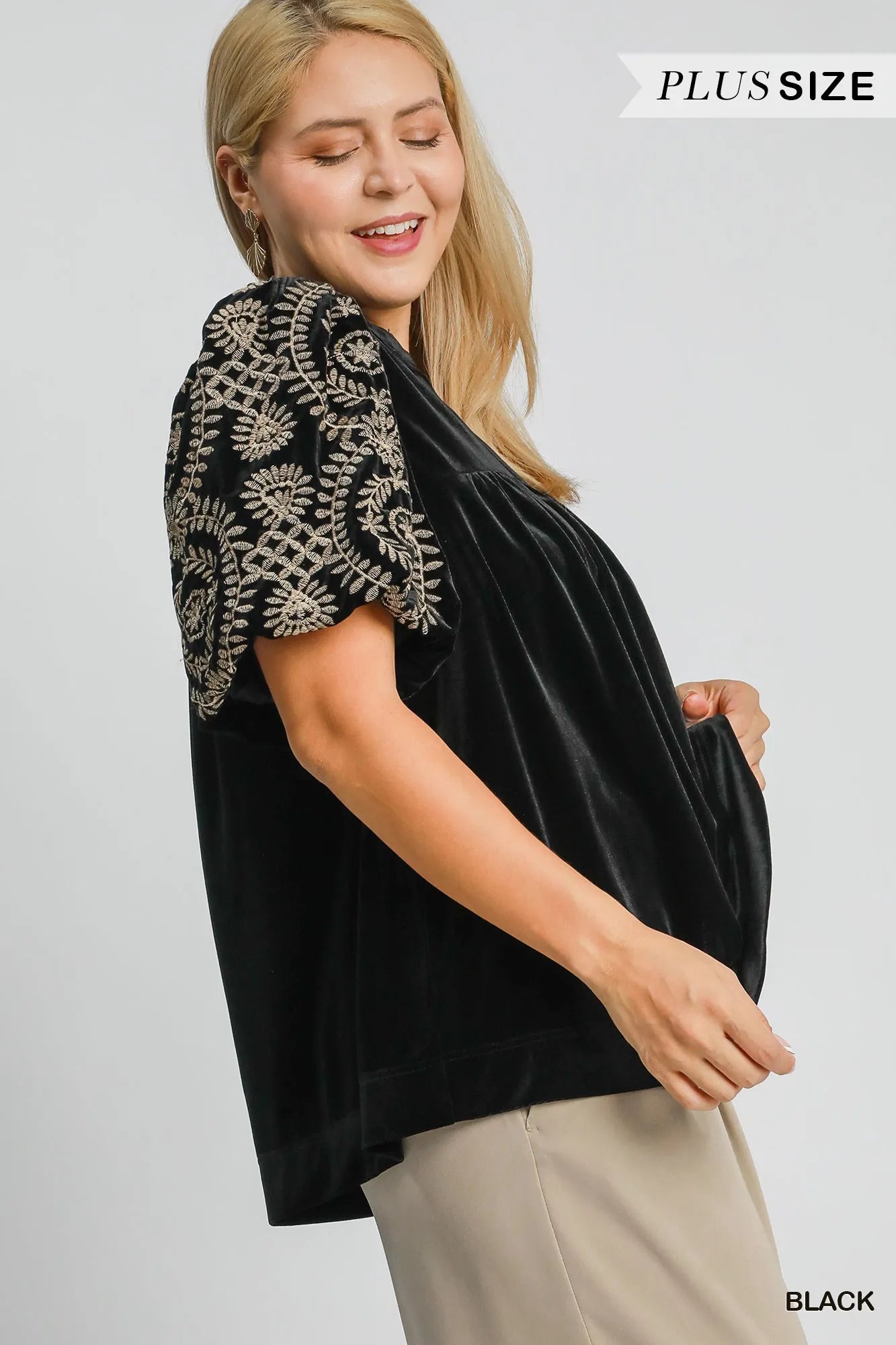 Umgee Black Velvet Embroidered Sleeve Blouse Plus Size