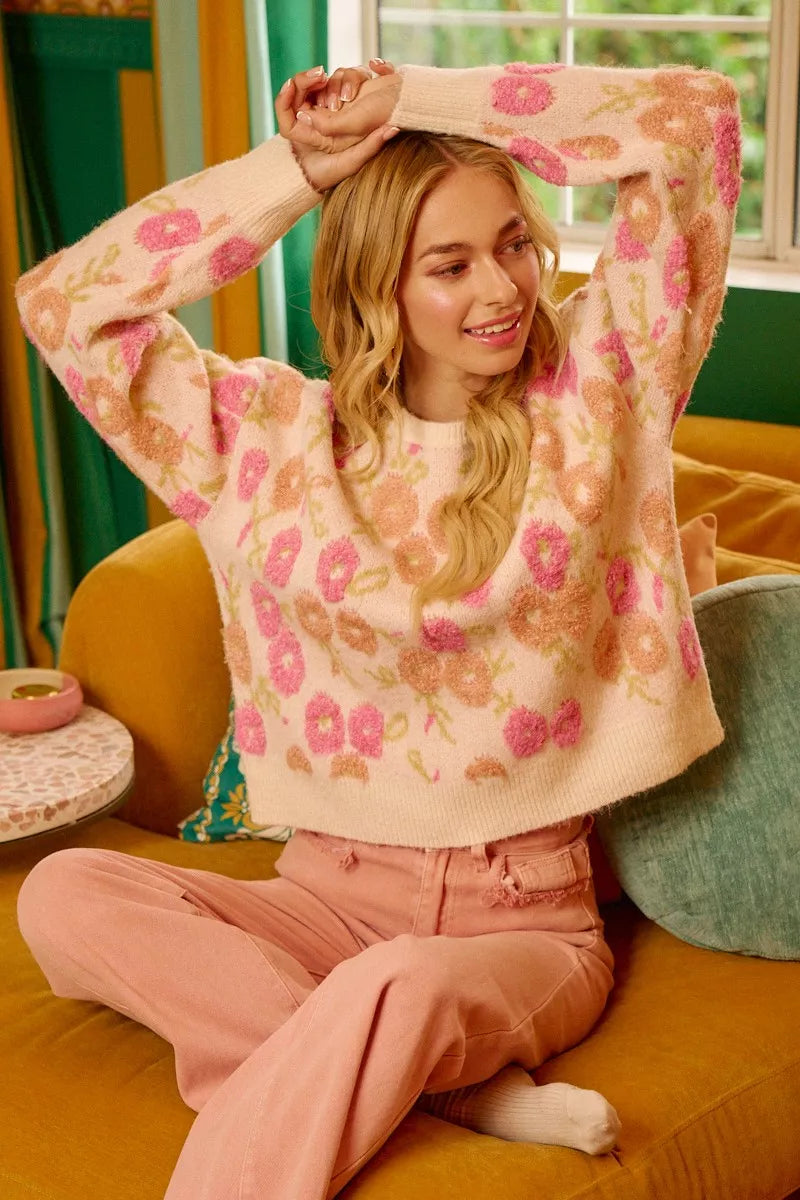 BiBi Ivory Towel Texture Floral Pattern Vintage Sweater