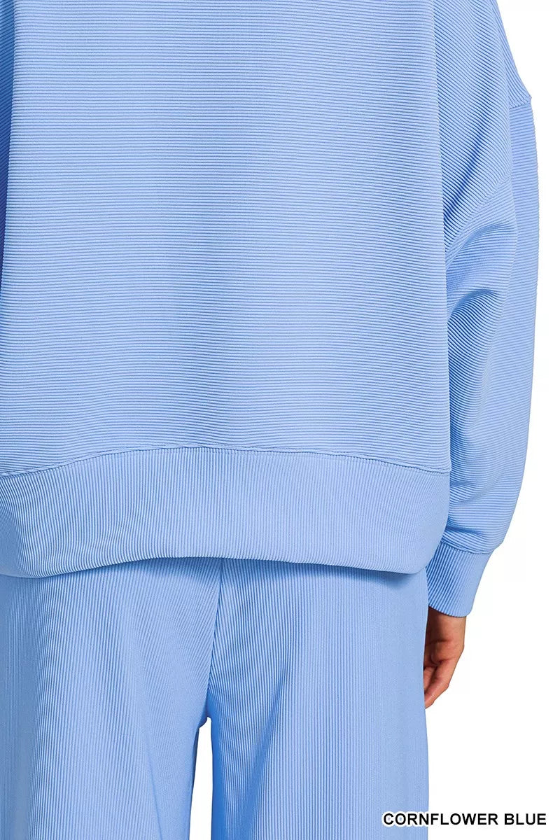 Zenana Cornflower Blue Ribbed Round Neck Pullover and Drawstring Pants Set