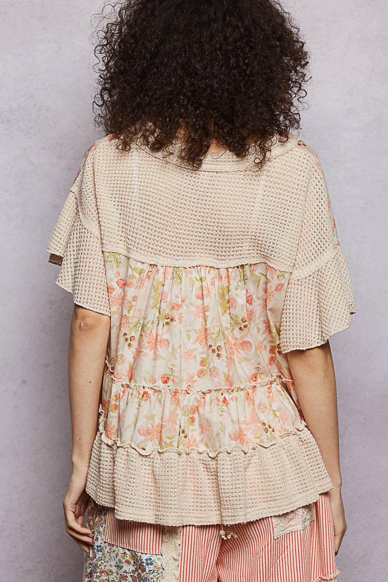 POL Almond Floral Print V-Neck Woven Blouse with Gentle Gathers