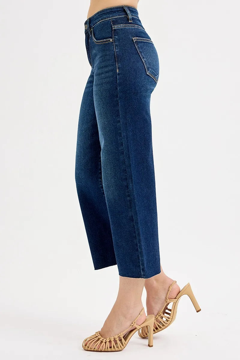 RISEN Dark Washed Tummy Control High Rise Raw Hem Cropped Wide Leg Jeans
