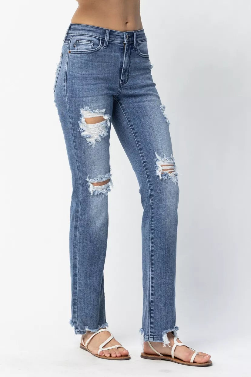 Judy Blue Medium Washed Mid Rise Destroyed Straight Jeans