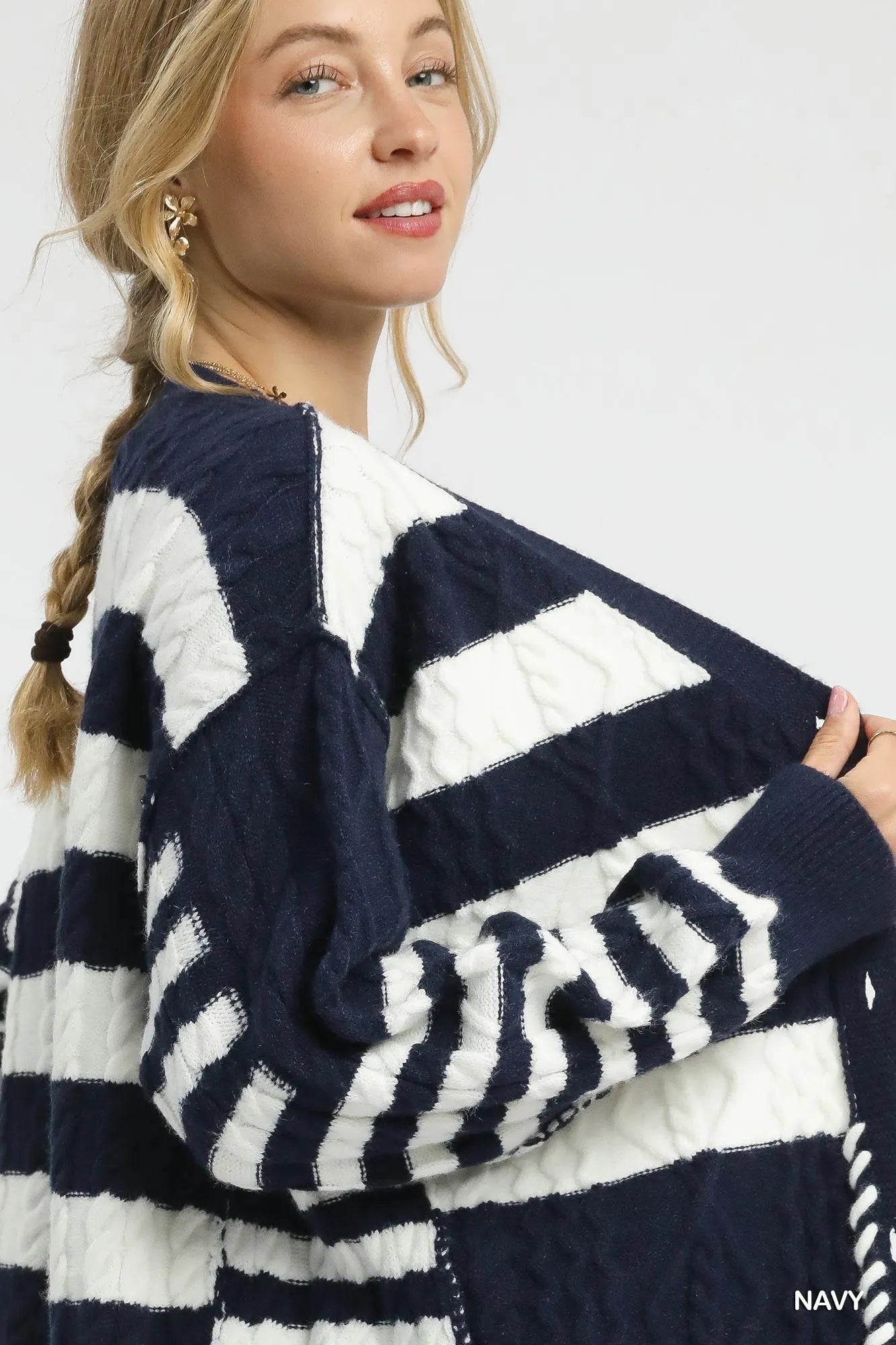 Umgee Navy & Ivory Cable-Knit Stripe Button-Up Cardigan