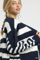 Umgee Navy & Ivory Cable-Knit Stripe Button-Up Cardigan