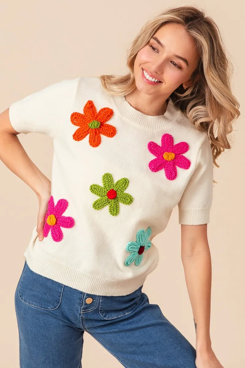 BiBi Ivory Crochet Flower Patch Sweater Top