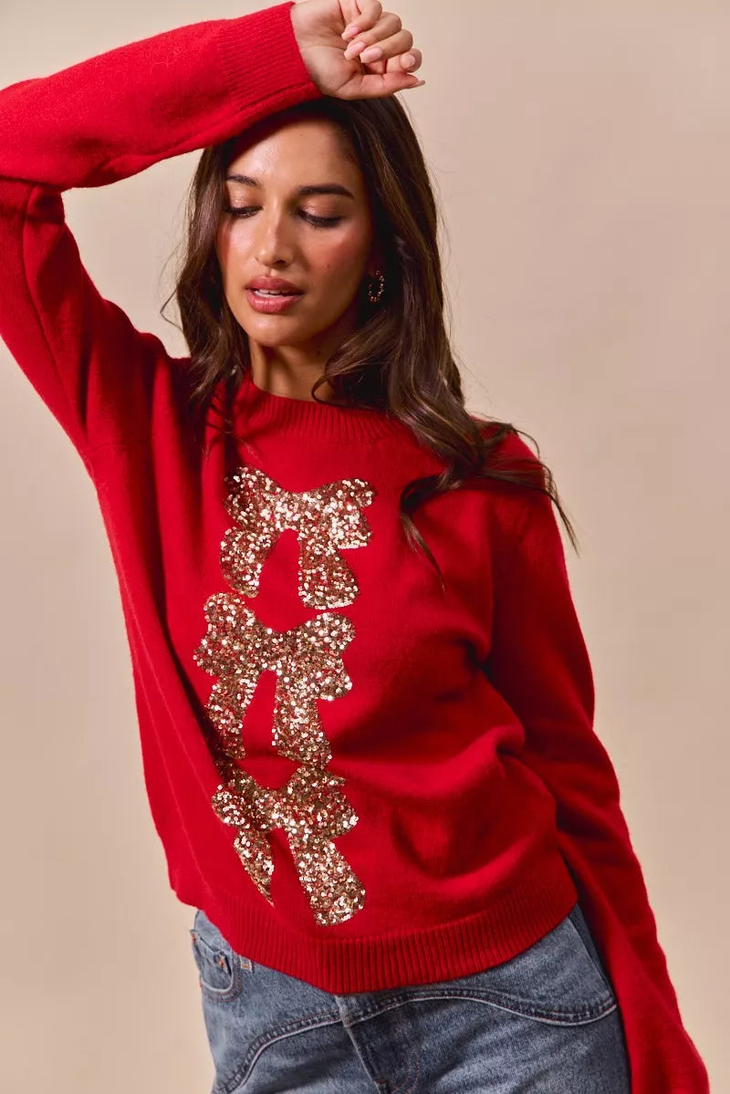 SO ME Red & Gold Sequins Bow Ribbon Embellished Christmas Sweater