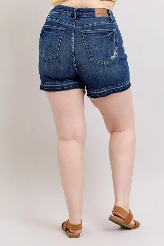 Judy Blue Plus Size Dark Washed HW Tummy Control Destroy Release Hem Denim Shorts