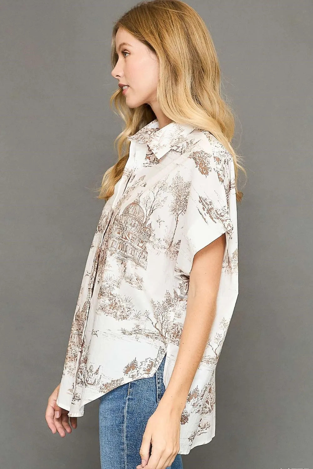 Umgee Two Tone Toile Print Button Up Short Sleeve Blouse
