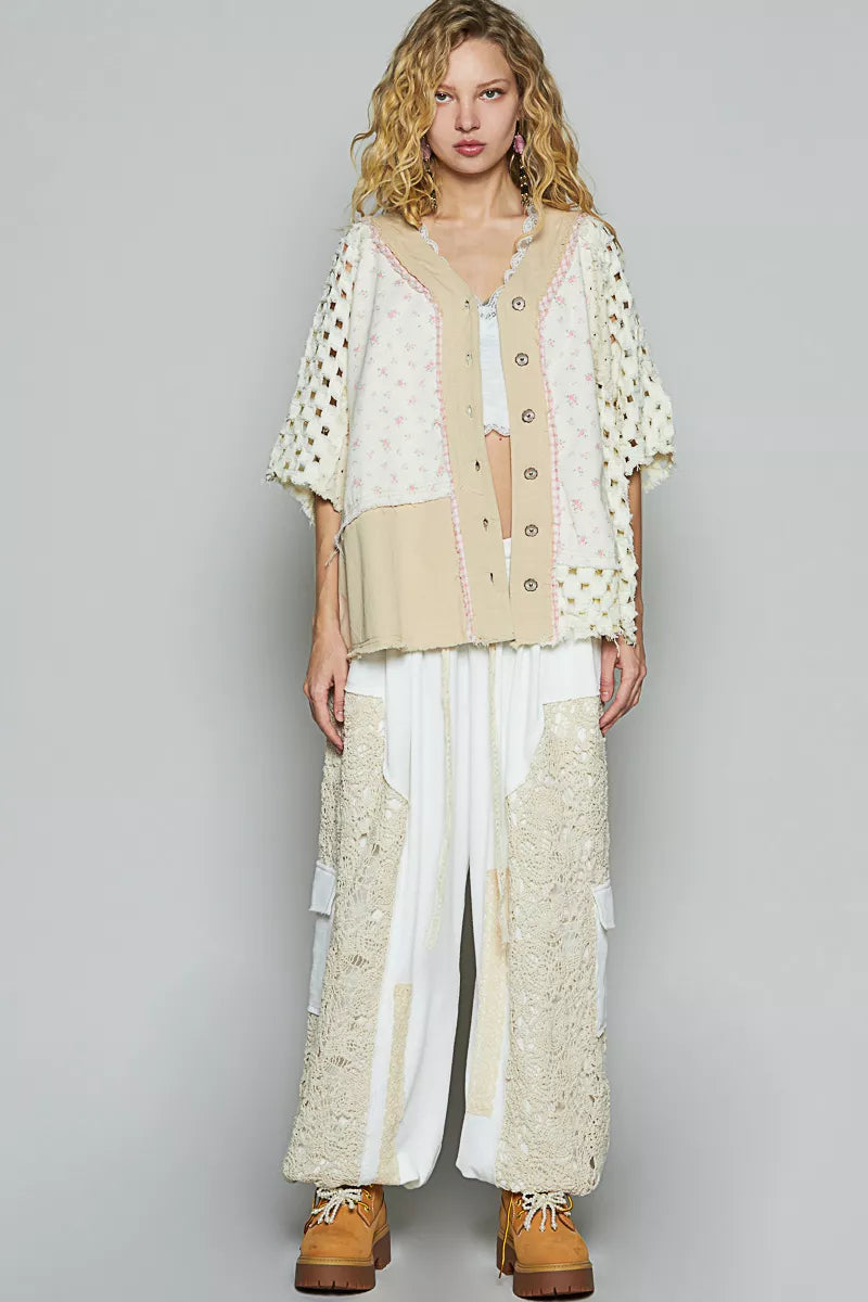 POL Button Down V-Neck Jacket with Printed Woven Patchwork