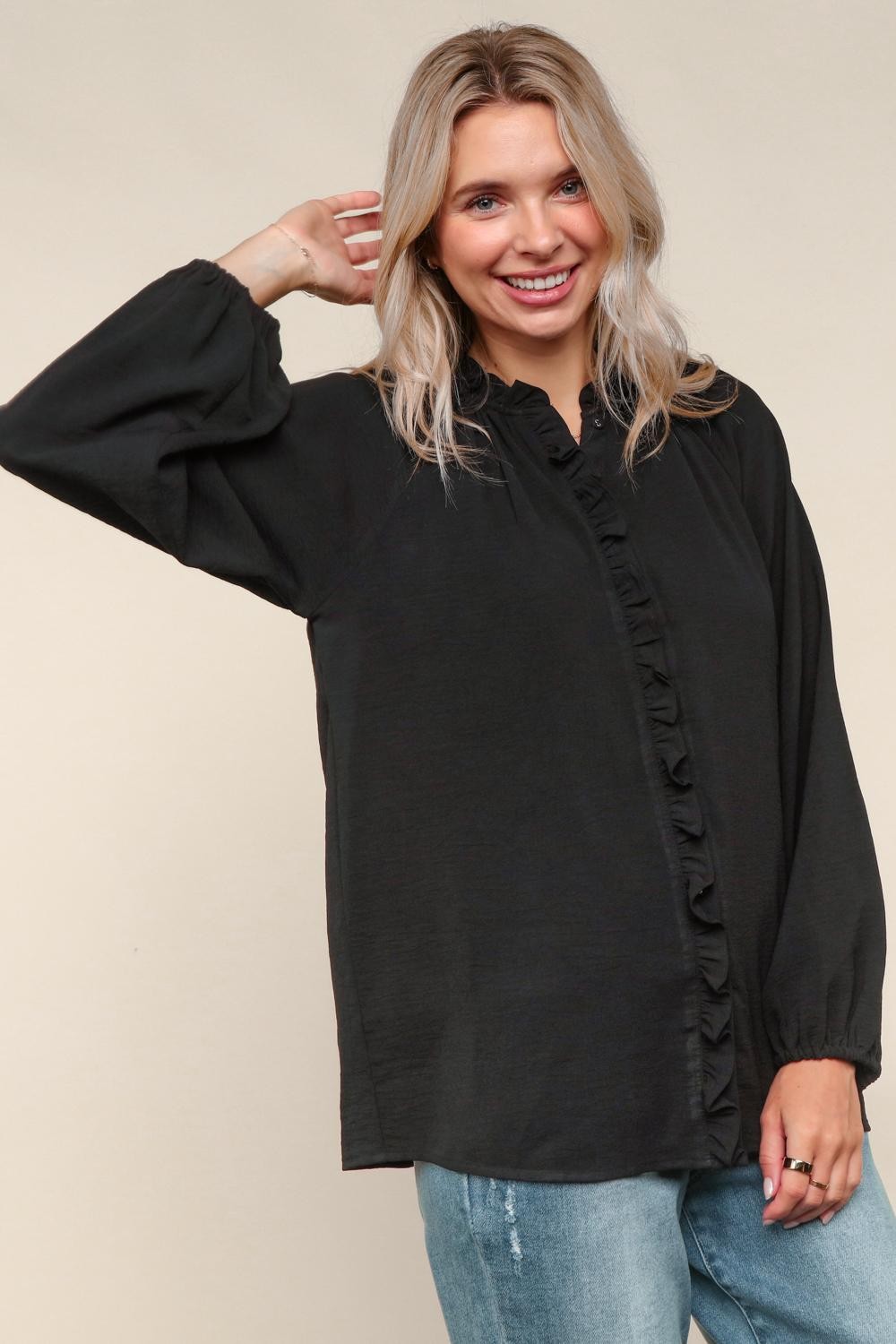 Haptics Black Frilled Placket Button Down Long Sleeve Blouse